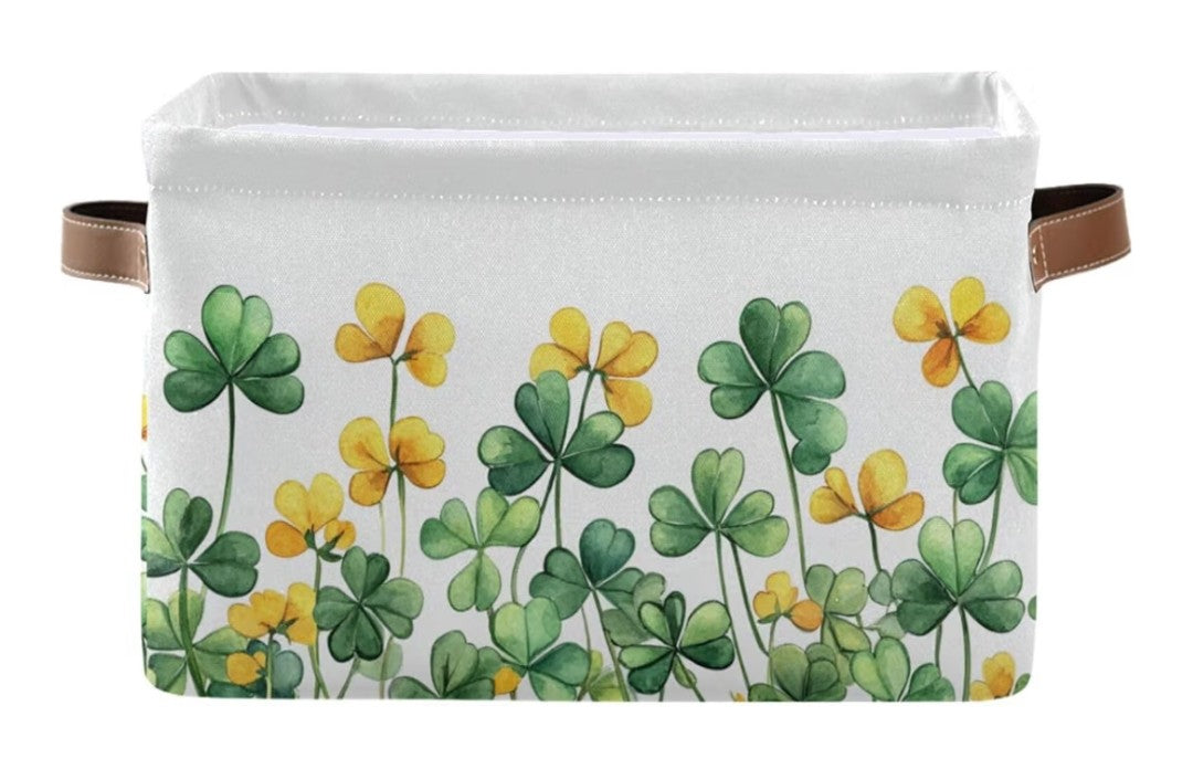 Green and Yellow Clover Foldable Storage Basket, 15" x 11" x 9.5"