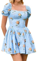 Women's Floral Square Neck Mini Dress, Puff Sleeve (XS)