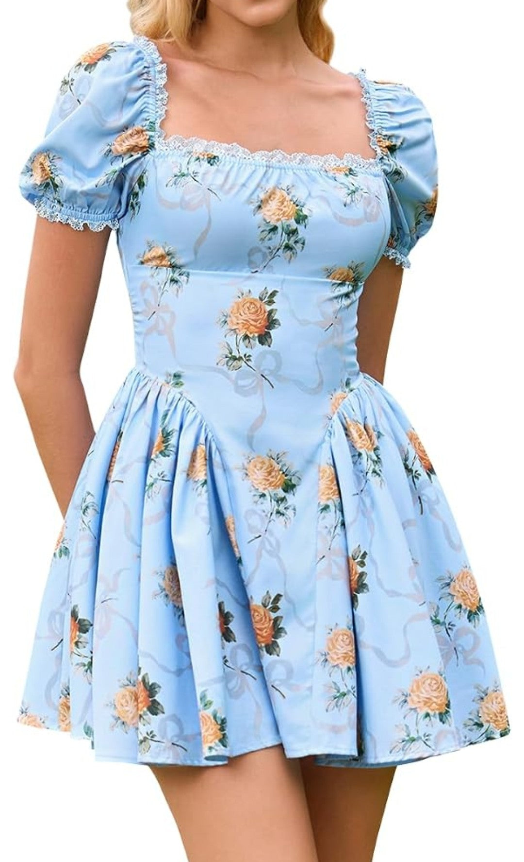 Women's Floral Square Neck Mini Dress, Puff Sleeve (XS)