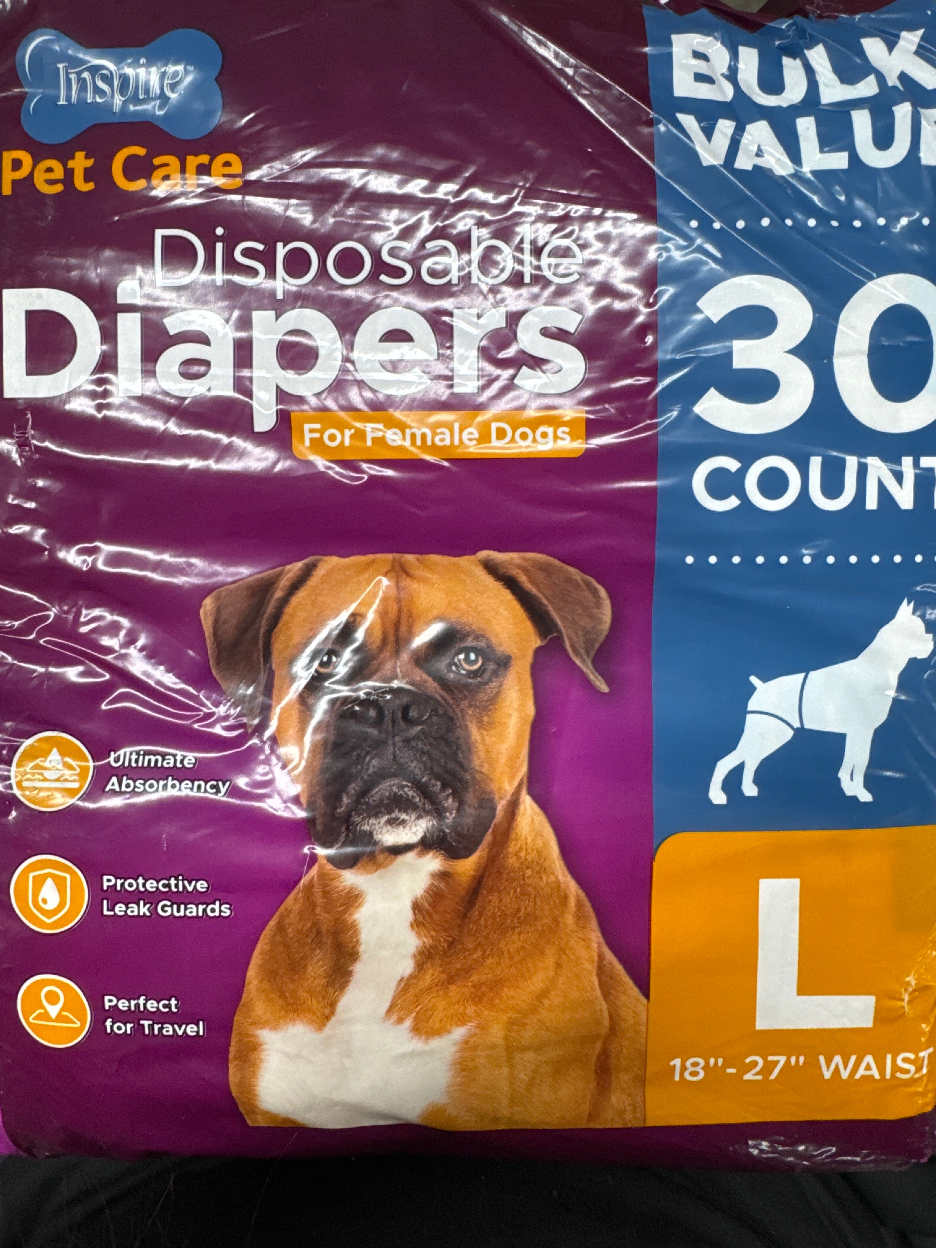 Inspire Pet Care Dog Diapers Female Dogs | Bulk Value Doggie Incontinence, Accidents, for Heat, Pee or Period and Housebreaking (Large (30 Count))