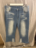 Woman’s stretchy blue jeans