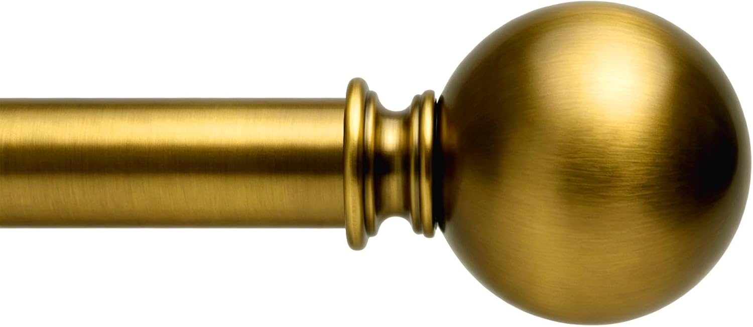 WORLD RODS Brass Curtain Rods for Windows 18 to 144 inches, 1 Inch Modern Metal Drapery Rods, Adjustable Heavy Duty Curtain Pole with Round Finials(18"-144"Antique Brass)