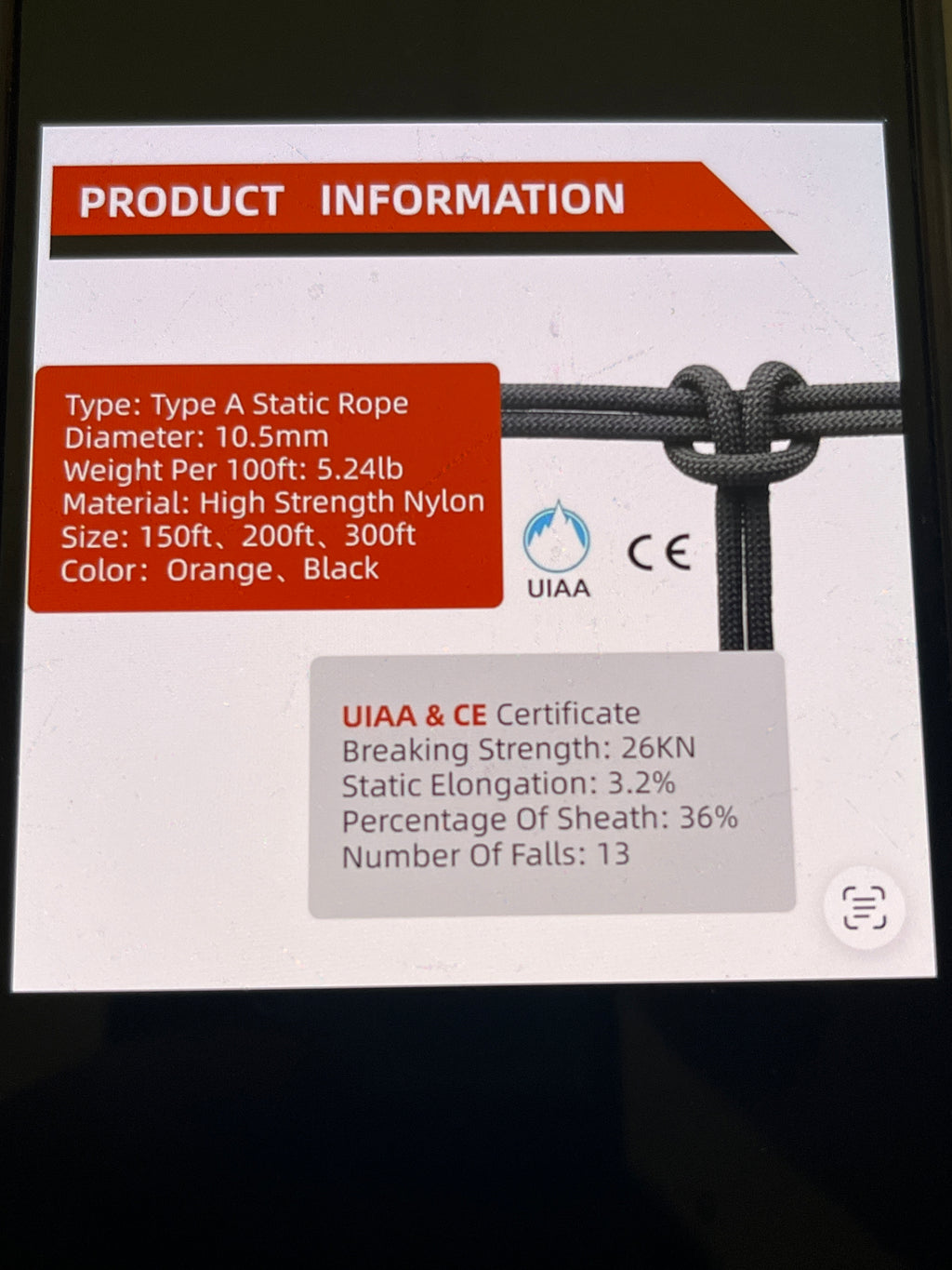 UIAA static climbing rope 10.5 mm, 45M(150FT) black nylon rope