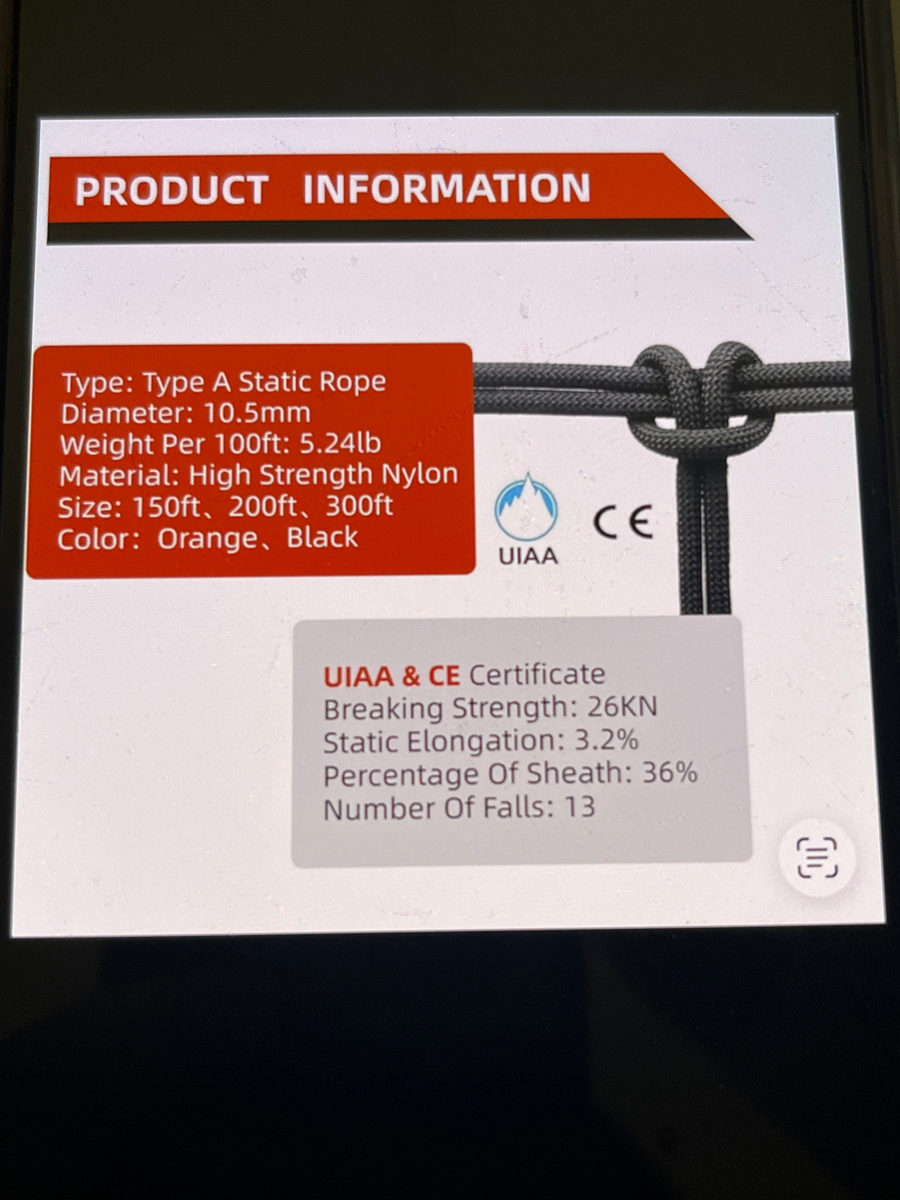 UIAA static climbing rope 10.5 mm, 45M(150FT) black nylon rope