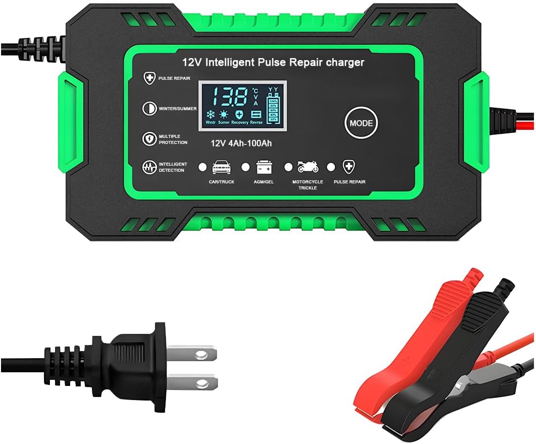 Mandark Car Battery Charger, 12V 6A Smart Fully Automotive Battery Trickle Charger, Portable Vehicle Battery Maintainer Desulfator with Temperature Compensation, Universal for SUV RV Truck (Green)