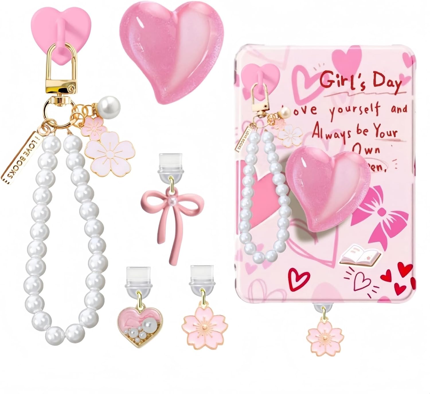 6PCS Charms Set Compatible with Kindle, Accessories Including Dust Plug Charm Type C/USB C, Charm Chain with Hook, Heart Grip Holder, Compatible with Kindle Paperwhite 11th 12th Generation(Pink)