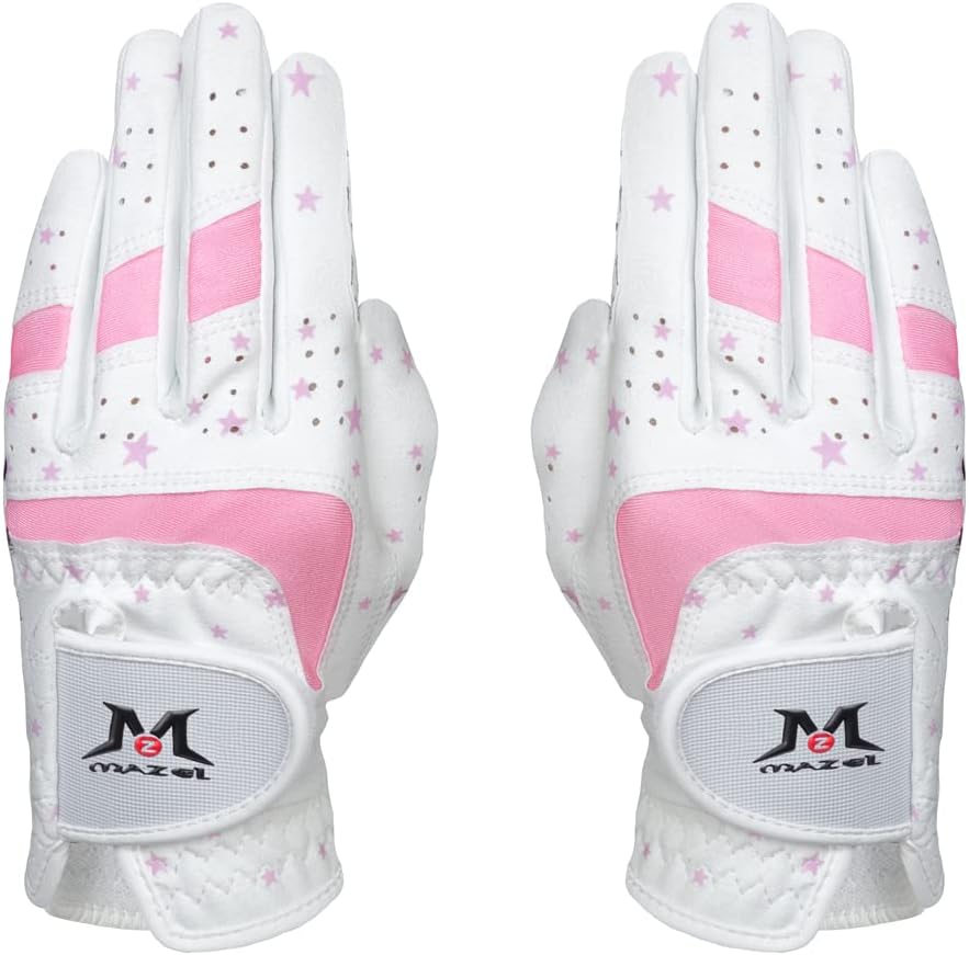 MAZEL Kids Golf Gloves for Youth Toddler Boys Girls, Right & Left Hand (1 Pair) Mircofiber Breathable Junior Golf Gloves, White Red Pink Blue Black Stars Color,Age 3-8 (Black Stars-Pink, M(Age 5-6))
