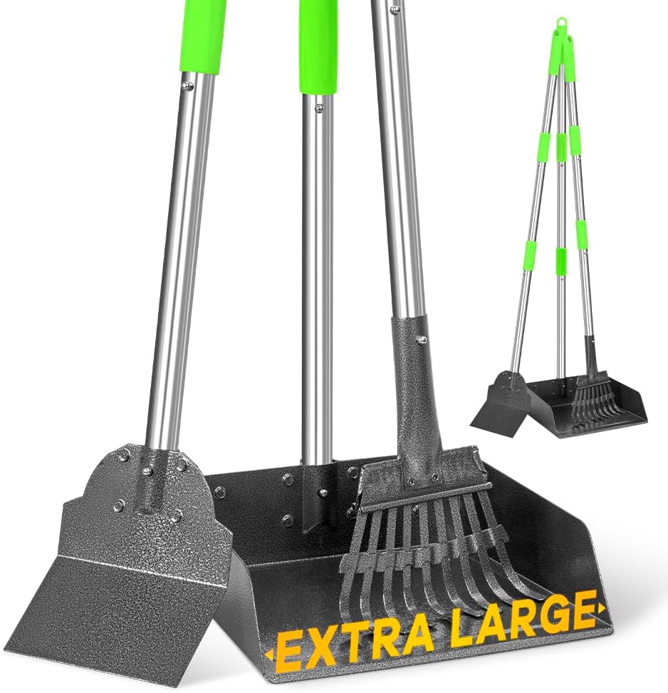 Larger Pooper Scooper, Dog Pooper Scooper for Large Medium Small Dogs Heavy Duty Long Handle Metal Tray Rake Shovel Set for Yard Grass