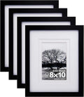 8x10 Picture Frames Set of 4, Made of Solid Wood Covered by Plexiglass 4x6 and 5x7 with Mat or 8x10 without Mat, for Table Top Display and Wall Mounting Photo Frame Black