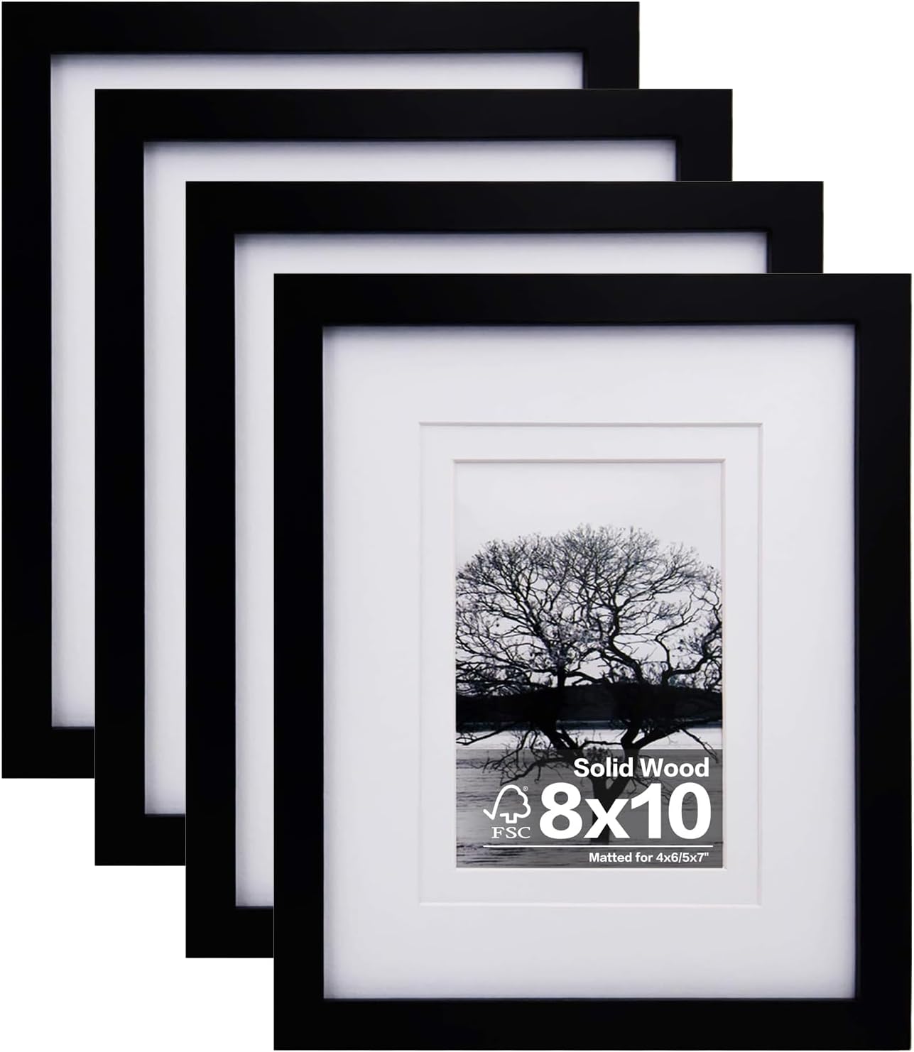 8x10 Picture Frames Set of 4, Made of Solid Wood Covered by Plexiglass 4x6 and 5x7 with Mat or 8x10 without Mat, for Table Top Display and Wall Mounting Photo Frame Black