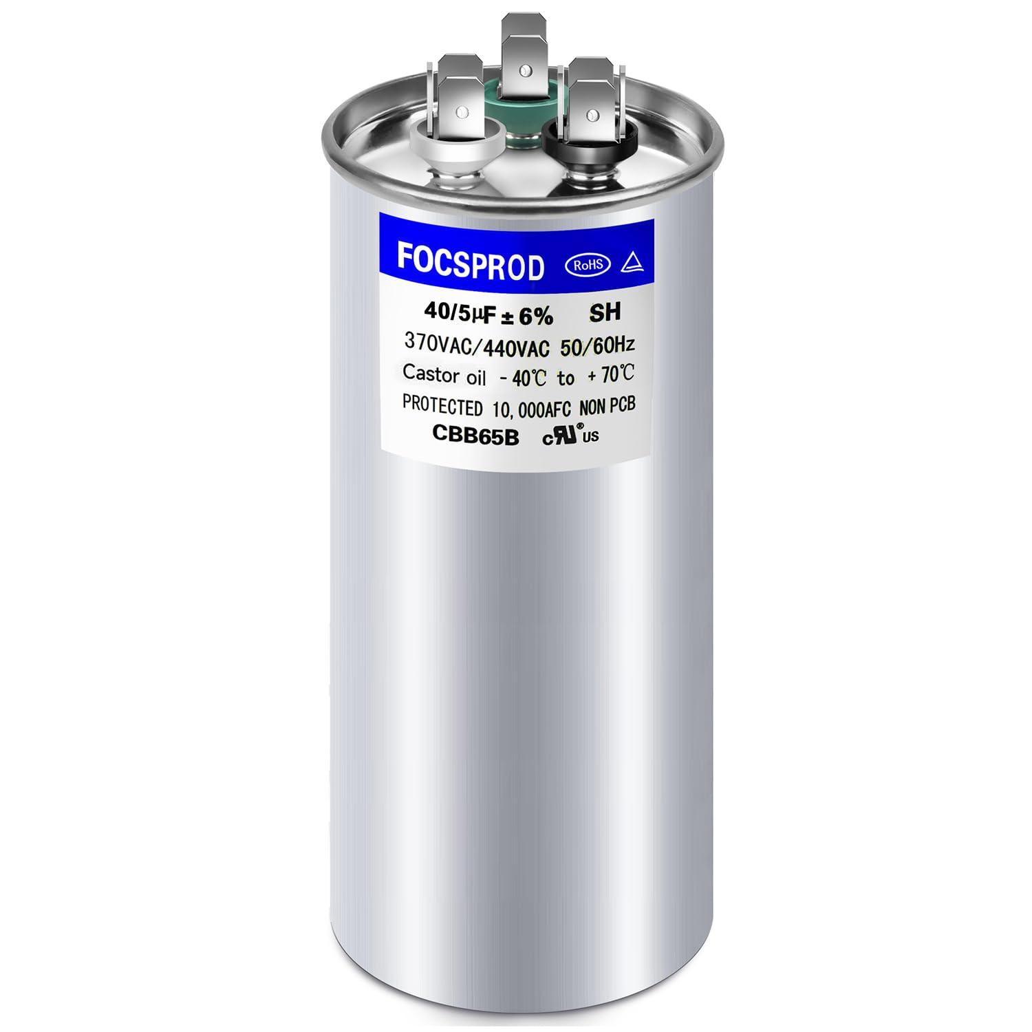 [UL Recognized] FOCSPROD 40+5 uF 40/5 MFD Â±6% 370V/440V CBB65 AC Capacitor, Dual Run Round Capacitor Replacement, 40 5 uF 440 Volt HVAC for AC Unit Fan Motor Start or Heat Pump or Condenser Straight