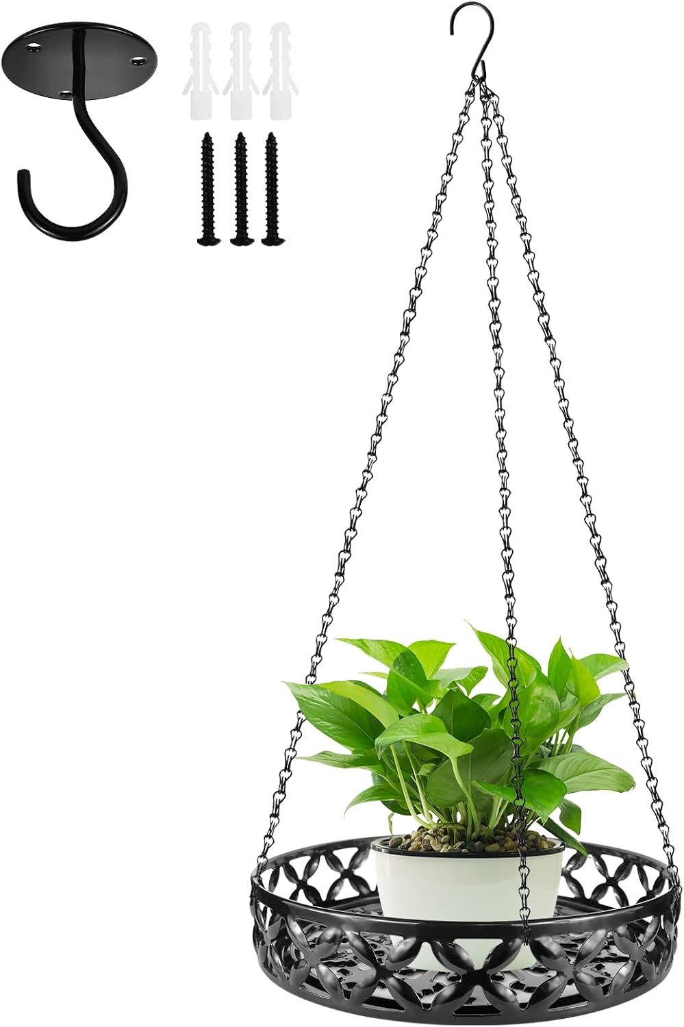 AOEIWUUP Plant Hanger, Metal Hanging Plant Shelf Decorative Planter Flower Pots Holder with Chain for Indoor Outdoor, Modern Plant Hanging Basket for Balcony Porch Garden Home Decor, Black