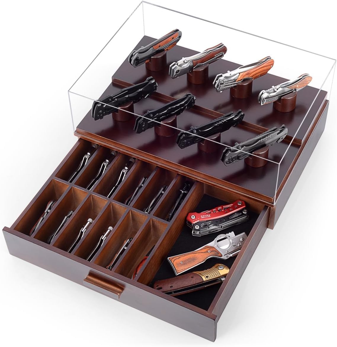 ULTRGEE Knife Display Case, Pocket Knife Collection Display Holder, Folding Knife Wooden Showcase Display Organizer Storage with Drawers and Acrylic Cover, Surprise Gift for Men