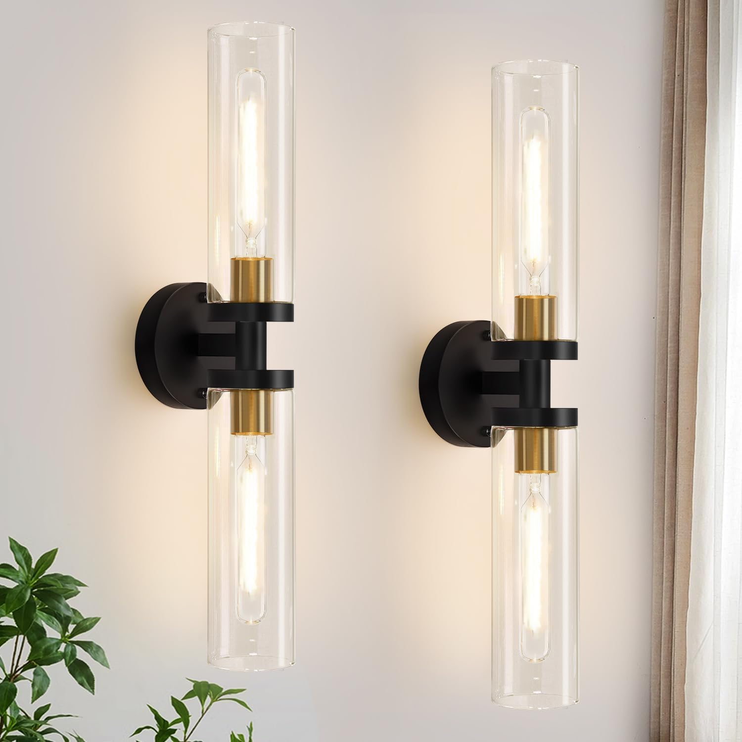Indoi Hardwired Wall Sconces Set of Two, 22" Black and Gold Bathroom Sconces