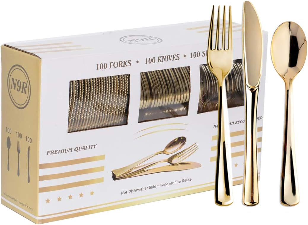 300 Piece Gold Plastic Silverware Set.