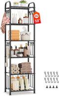 .jh 6 Tier Tall Metal Narrow Skinny Shelf Free Standing for Bathroom, Thin Shelving Unit for Pantry or Kitchen, Slim Open Tower Rack with 10 Hooks, Space Saving and No Tools Assembly (Black)