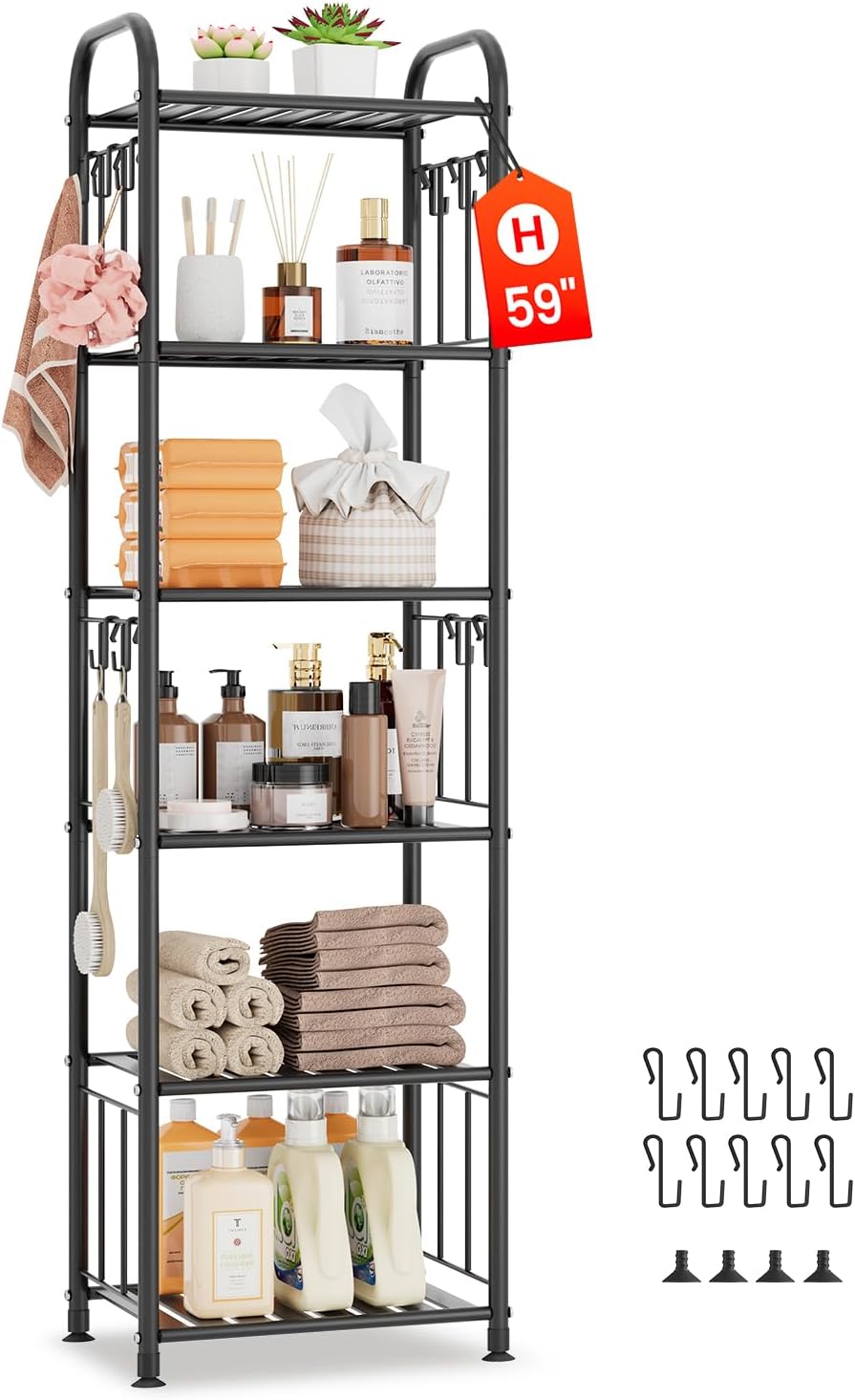 .jh 6 Tier Tall Metal Narrow Skinny Shelf Free Standing for Bathroom, Thin Shelving Unit for Pantry or Kitchen, Slim Open Tower Rack with 10 Hooks, Space Saving and No Tools Assembly (Black)