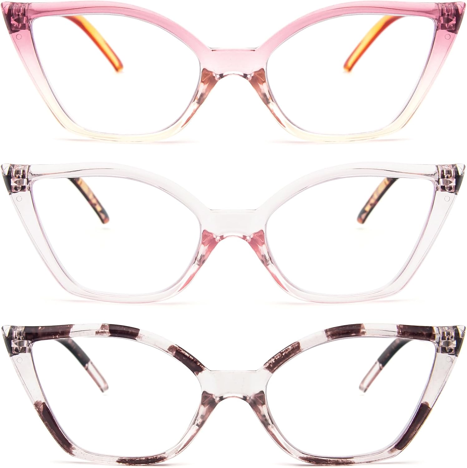 DXYXYO Cat Eye Reading Glasses 2.0+ for Women 3 Pack Anti Blue Light Computer Readers Stylish Retro with Spring Hinge, Pink leopard+pink+champagn