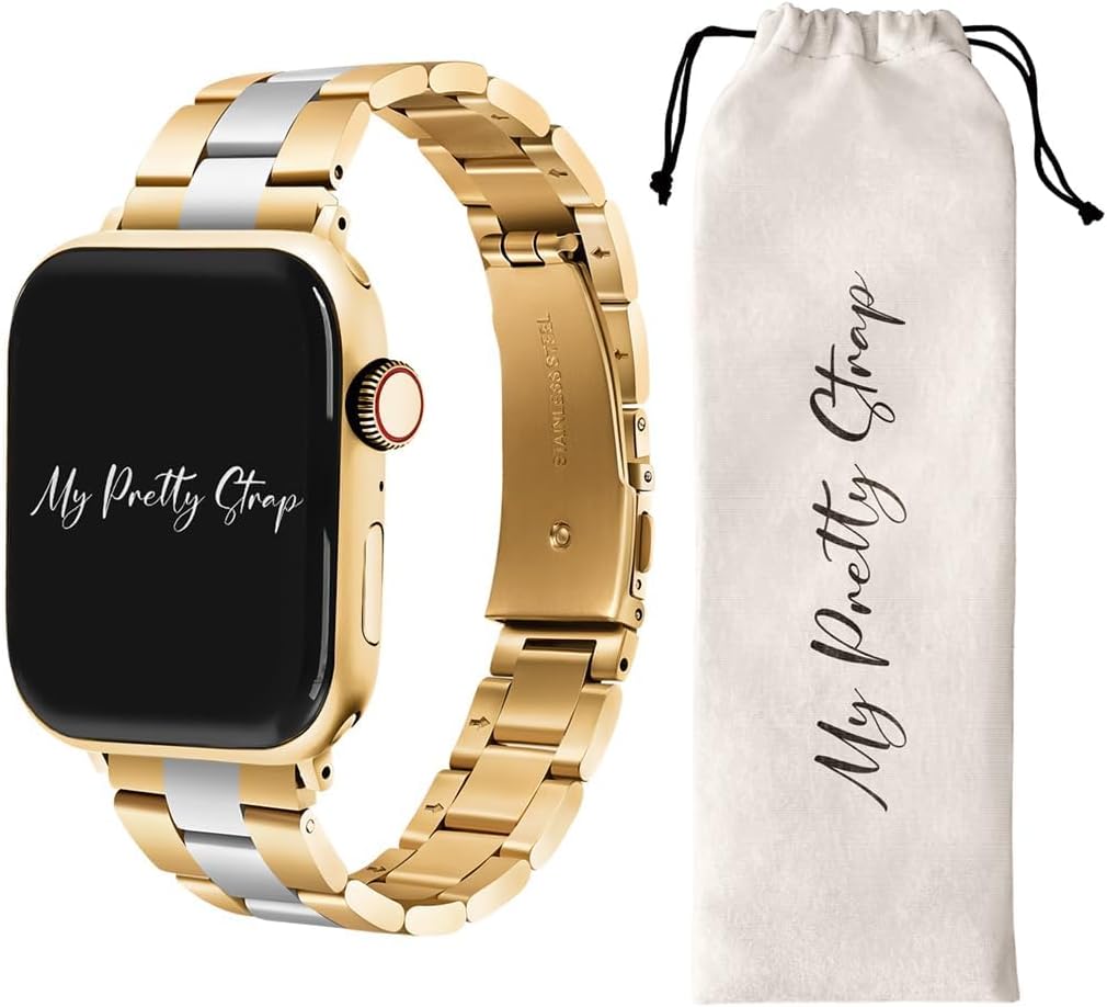 My Pretty Strap Elegant Stainless Steel Band for Apple Watch  Feminine Fit (4.9“-7.3 Inches / 125mm-185 mm) Compatible Sizes 38/40/41/42/44/45/49MM Gold, Silver Queen Vogue