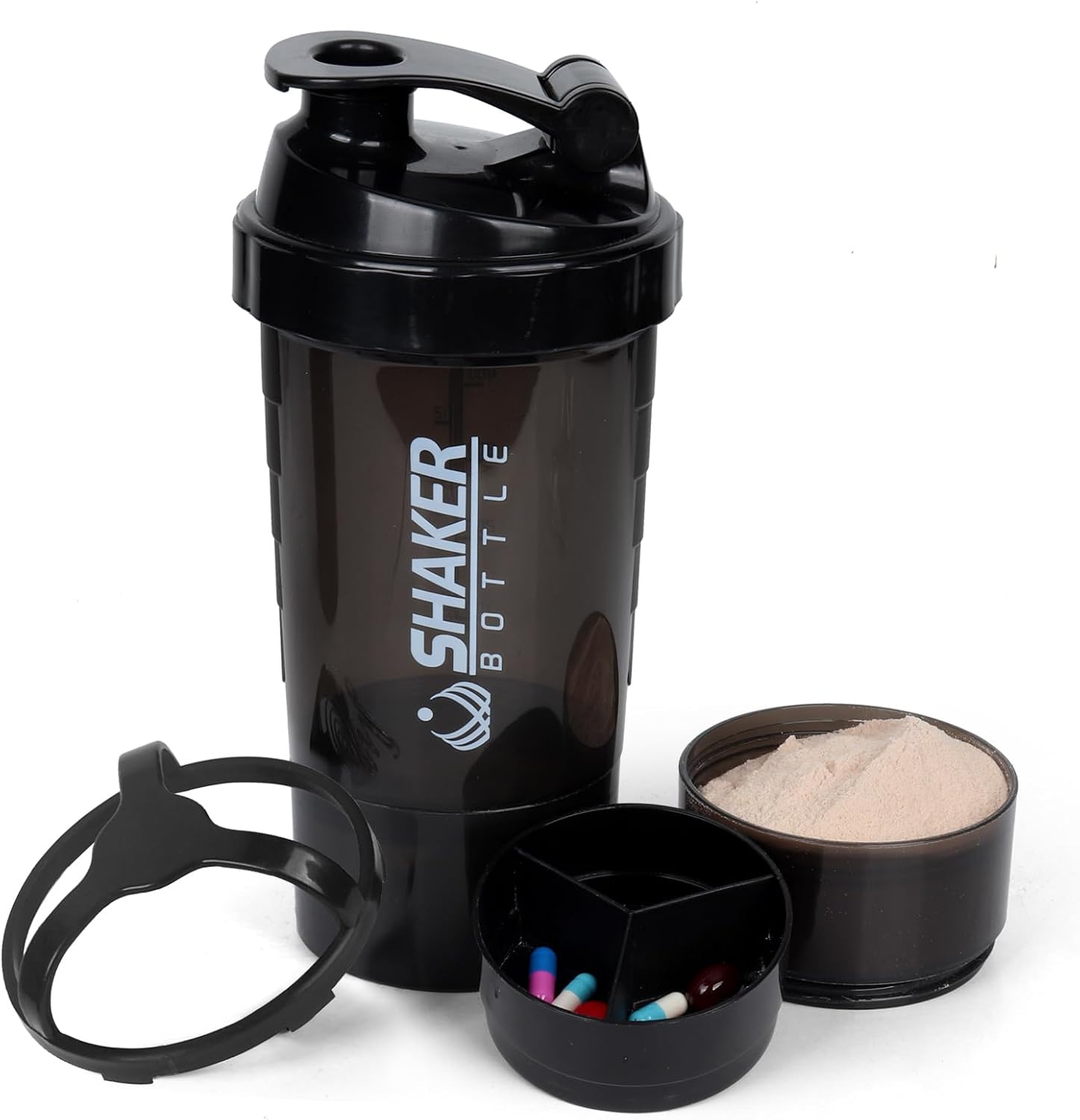 16oz Shaker Bottle with Pill Organizer and Powder Storage