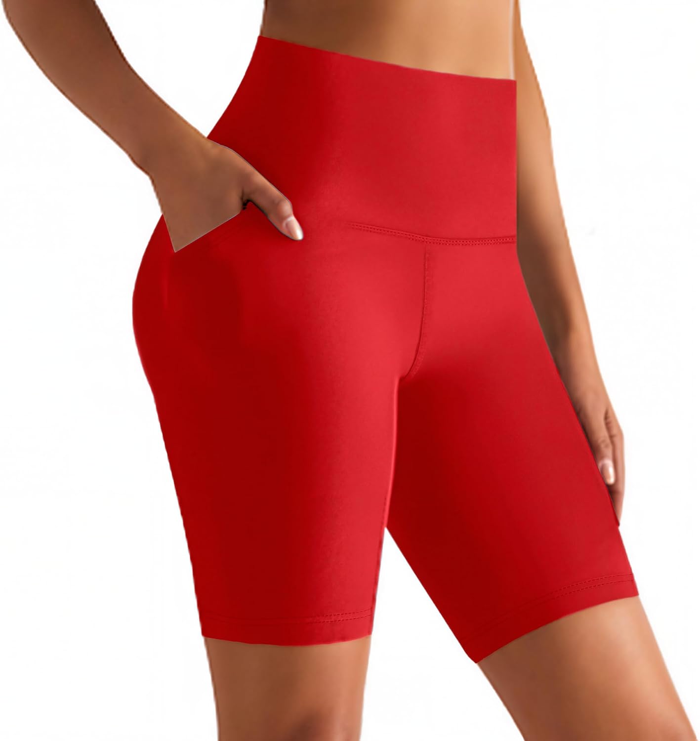 GROTEEN High Waisted Biker Shorts with Pockets for Women Yoga Workout Tummy Control Gym Running Shorts Leggings (Large-X-Large, Red)
