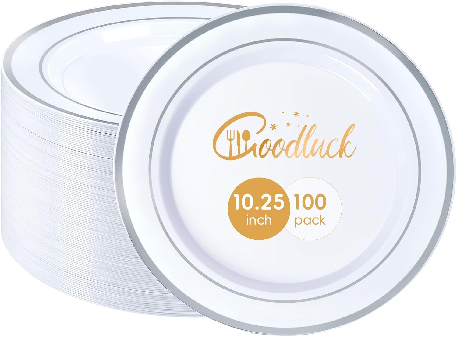 Goodluck 100PCS Silver Plastic Plates, 10.25 Inch Dinner Plate with Silver Rim, Heavy Duty
