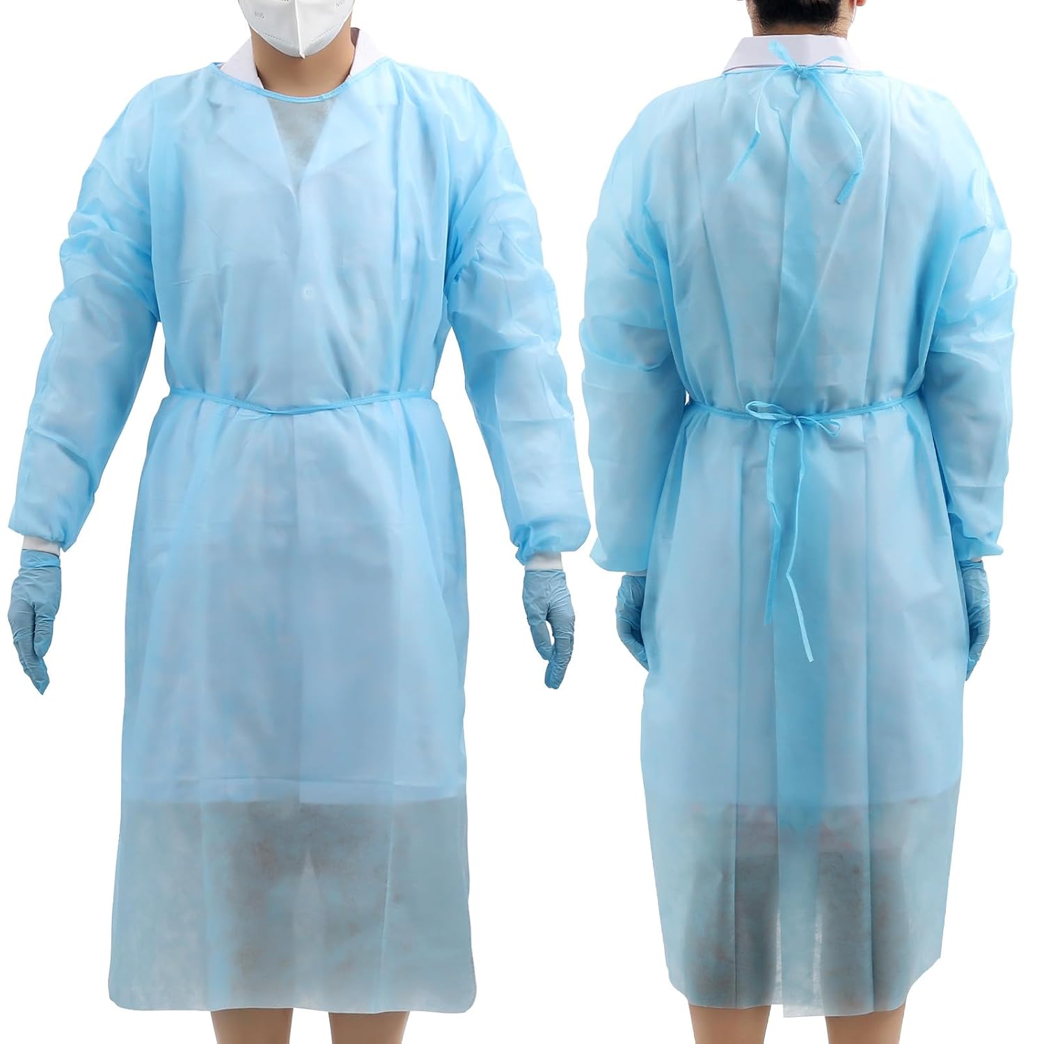 JMU 10 Pcs Disposable Isolation Gowns Blue, Polypropylene Medical Gowns with Knitted Cuffs, Length 47.24"