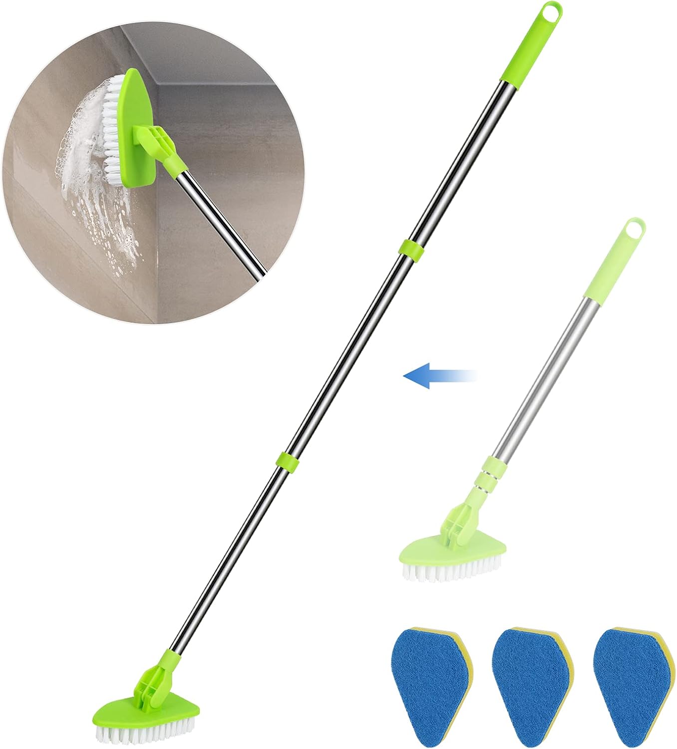 JDNOZW 2 in 1 Scrub Cleaning Brush with 37â€ Long Extendable Handle,1 Stiff Bristle and 3 Sponge Brushes, Lightweigh Detachable Shower Scrubber for Cleaning Bathroom Shower Bathtub Glass Tile Floor