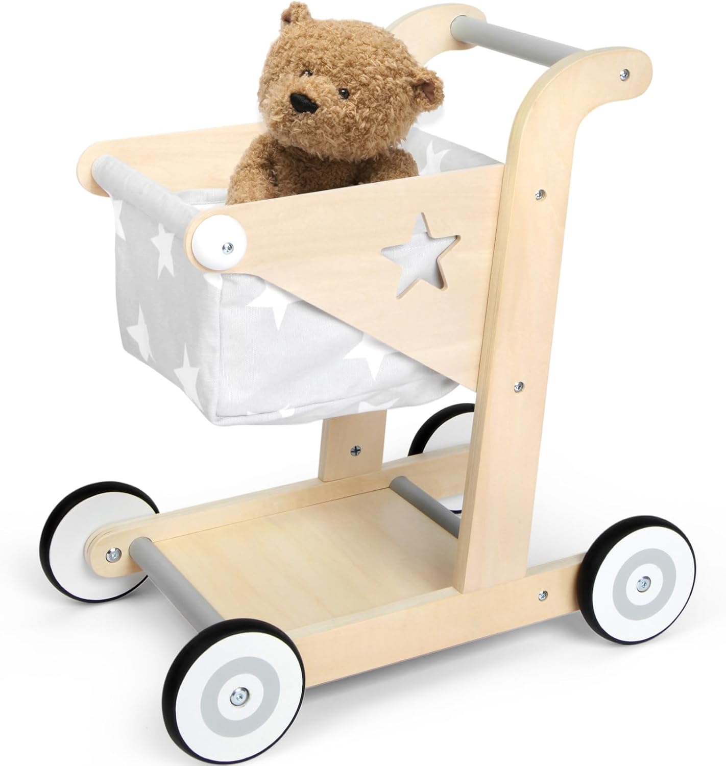2 in 1 Wooden Baby Walker Push and Pull Doll Stroller, Shopping Cart Learning Walker for Boys and Girls, Sit Stand Learning Toddler Toy (Grey)