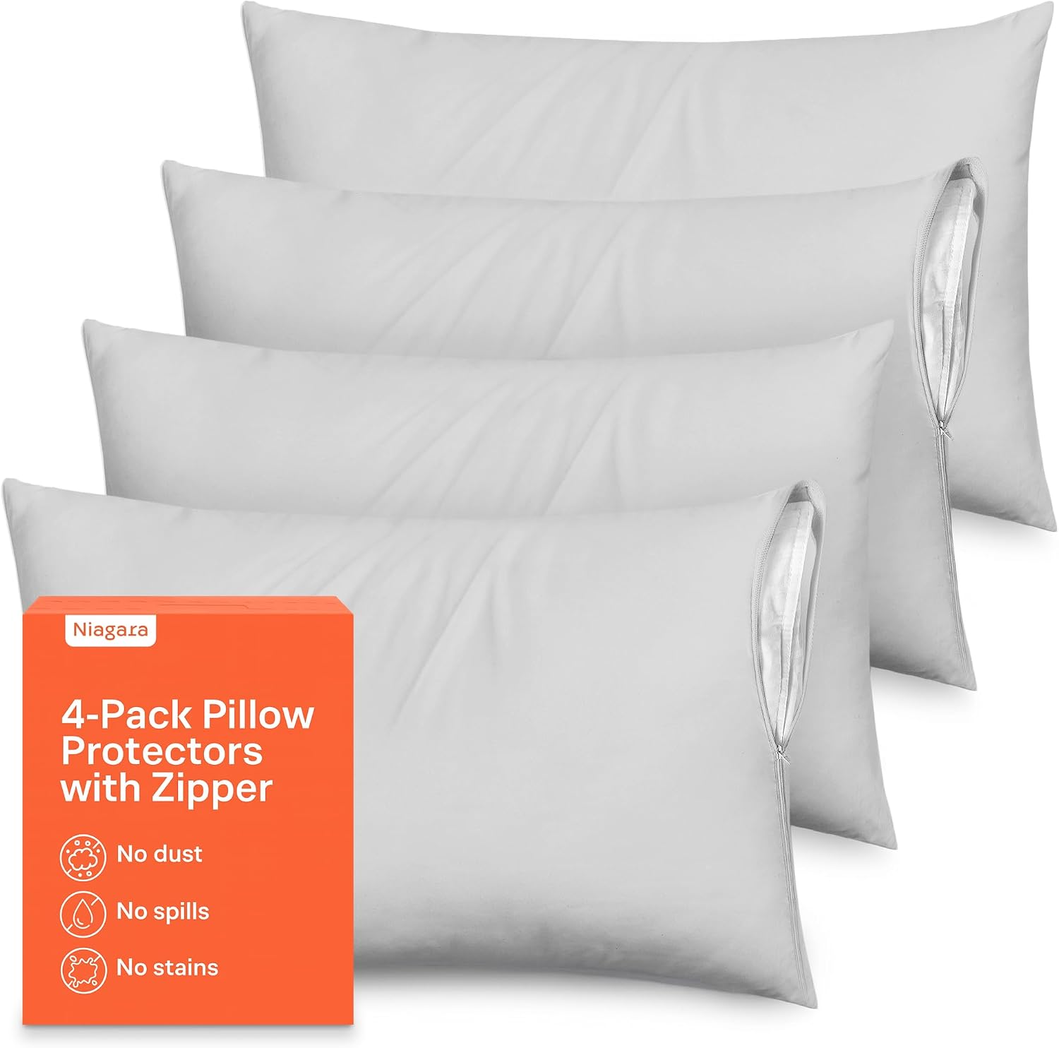 Ultra Soft Pillow Protectors with Zipper Queen Size - Set of 4 Breathable Pillow Covers - 100% Protection Against Stains, Dust & Dirt - Machine Washable (Light Gray)