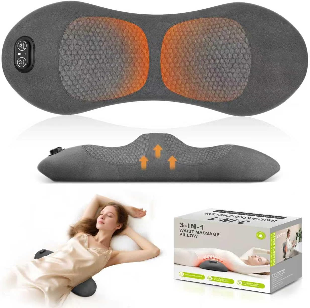 3-in-1 Rechargeable Lumbar Support Pillow with Heat & Vibration, Cordless Lower Back Massager with Airbag Traction for Bed, Chair & Sofa