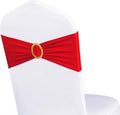 Pack of 80 Spandex Red Chair Sashes with Gold Buckles, Stretch Chairs Sashes for Wedding Party Baby Shower Ceremony Event Decorations Chair Bands Bows (Red Sashes, Gold Buckles), includes 3 Red table clothes, and 3 black table runners