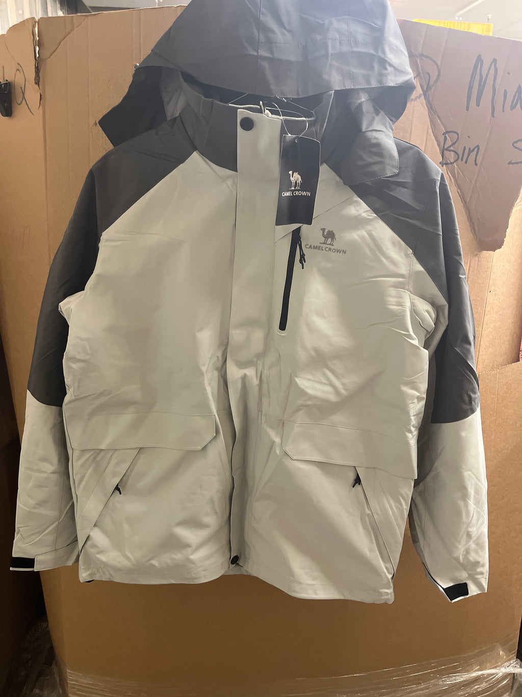 Camel crown grey fleece lined coat with detachable hood ￼