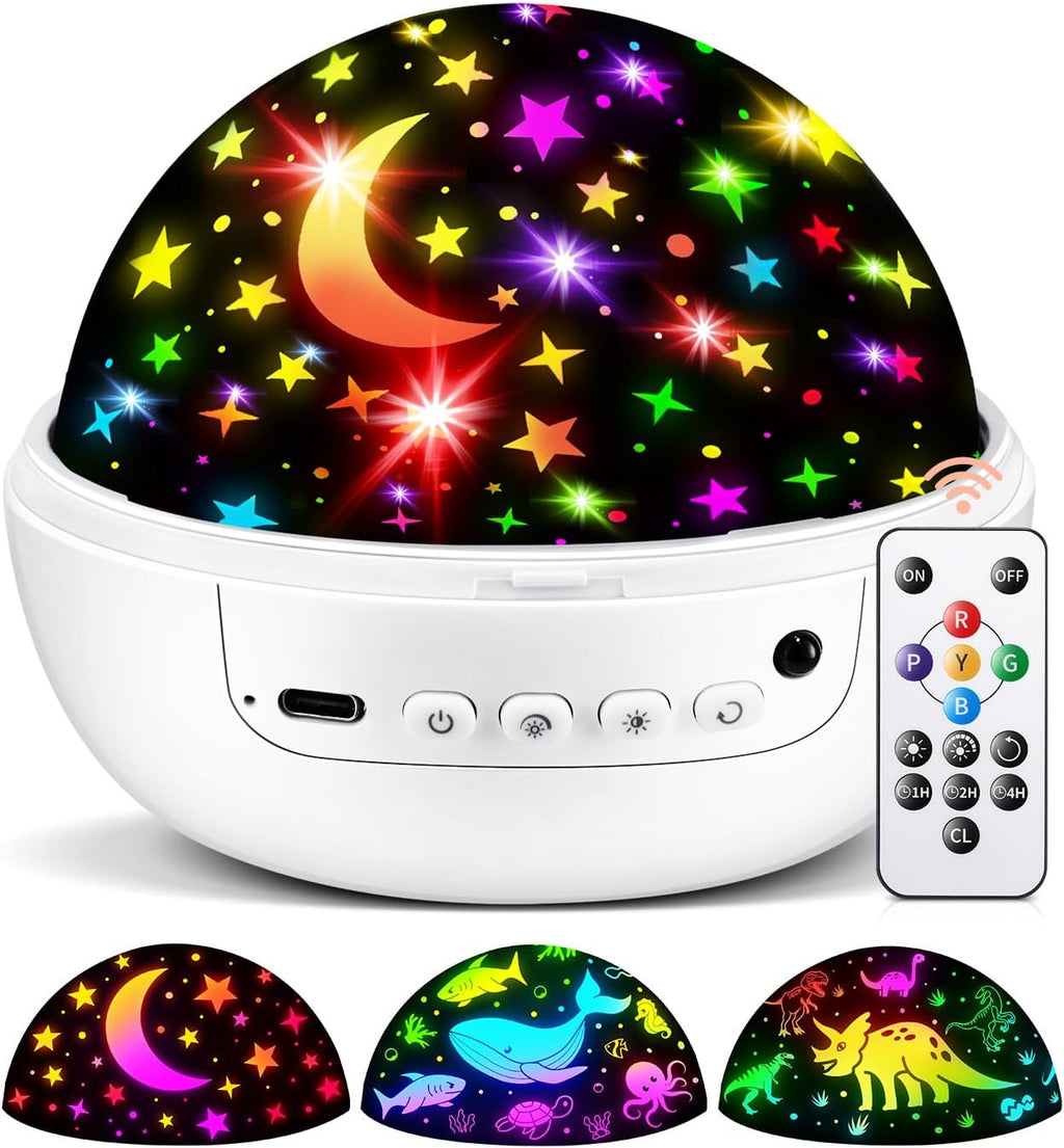 COOLNIGHT Boy Room Decor, 93 Lighting+3 Films Toddler Room Decor, Remote+Dimmable+360Â° Slient Nightlight for Baby Nursery, Starry Night Light Up Toys, Moon Projector (White)