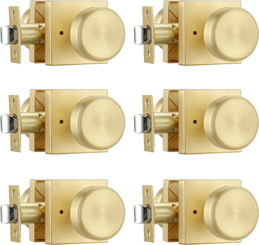 STARPY 6 Pack Brushed Gold Door Knob with Square Rosette, Heavy Duty Door Knob with Lock, Interior Door Handles for Bath & Bedroom