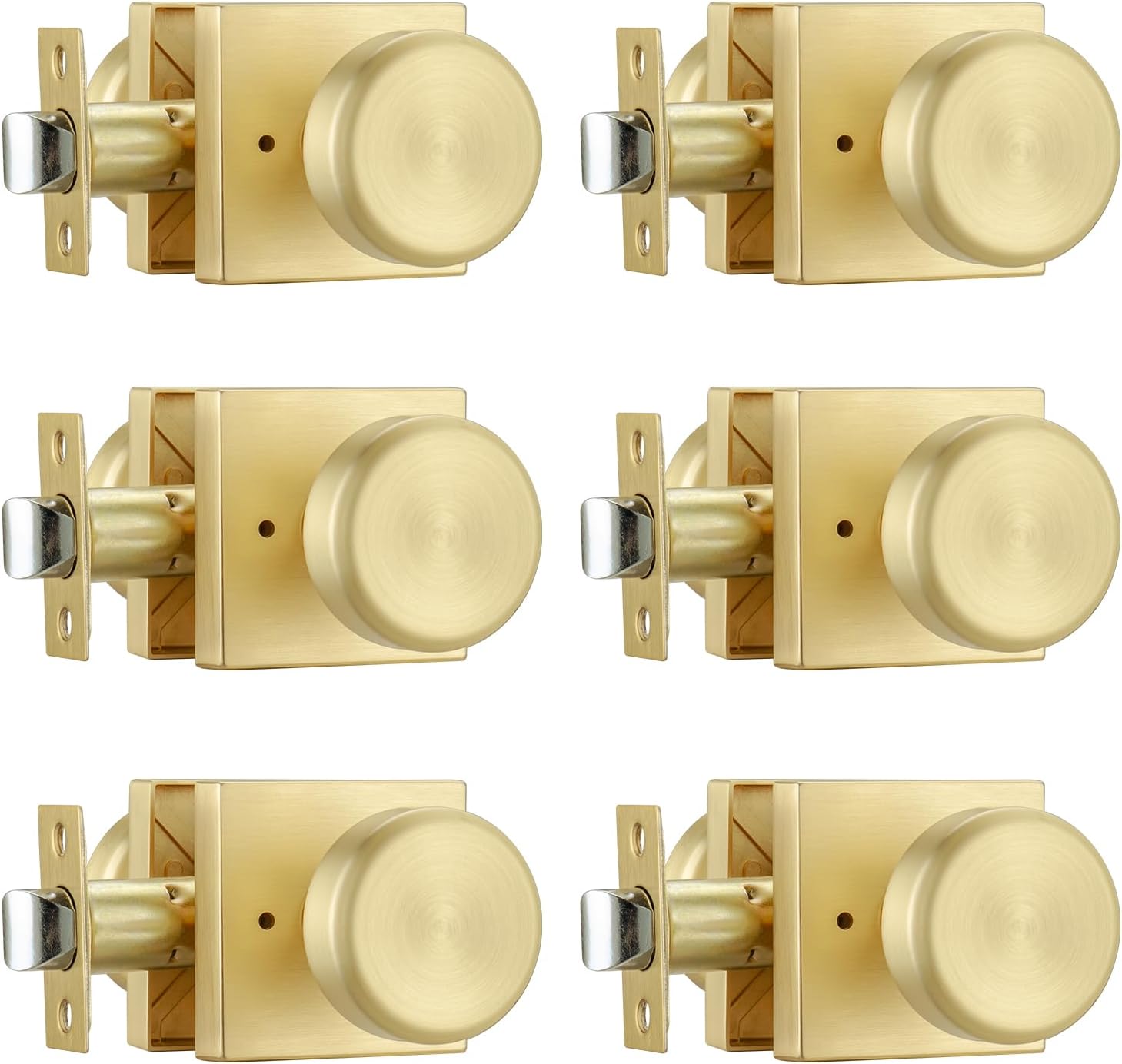 STARPY 6 Pack Brushed Gold Door Knob with Square Rosette, Heavy Duty Door Knob with Lock, Interior Door Handles for Bath & Bedroom
