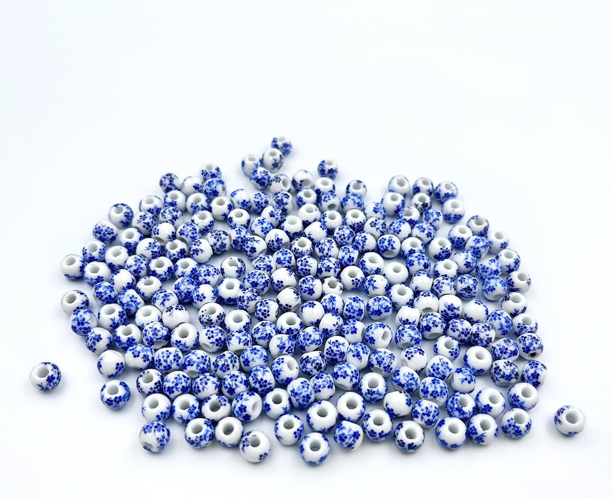 About 200Pcs 6mm Porcelain Beads for Jewelry Making Blue Flower Printed Ceramic Beads Ceramic Spacers for Handmade Jewelry Making Bracelets Necklace