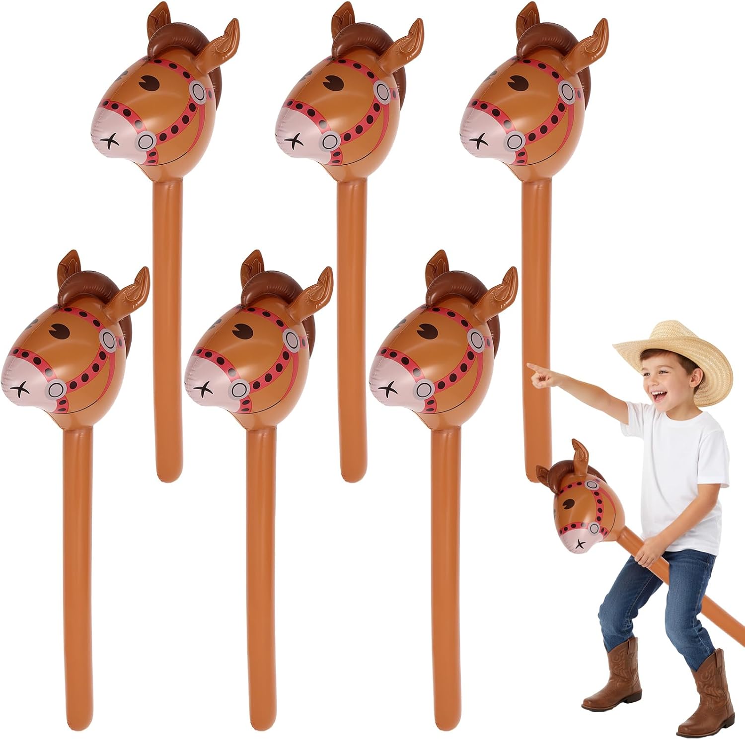 6 Pcs Inflatable Horse Head Balloons, 37 Inch Brown Inflatable Horse Stick Balloons, Pony Stick Blow up Balloon for Western Cowboy, Baby Shower, Birthday Party Decorations (Brown-6 Pcs)