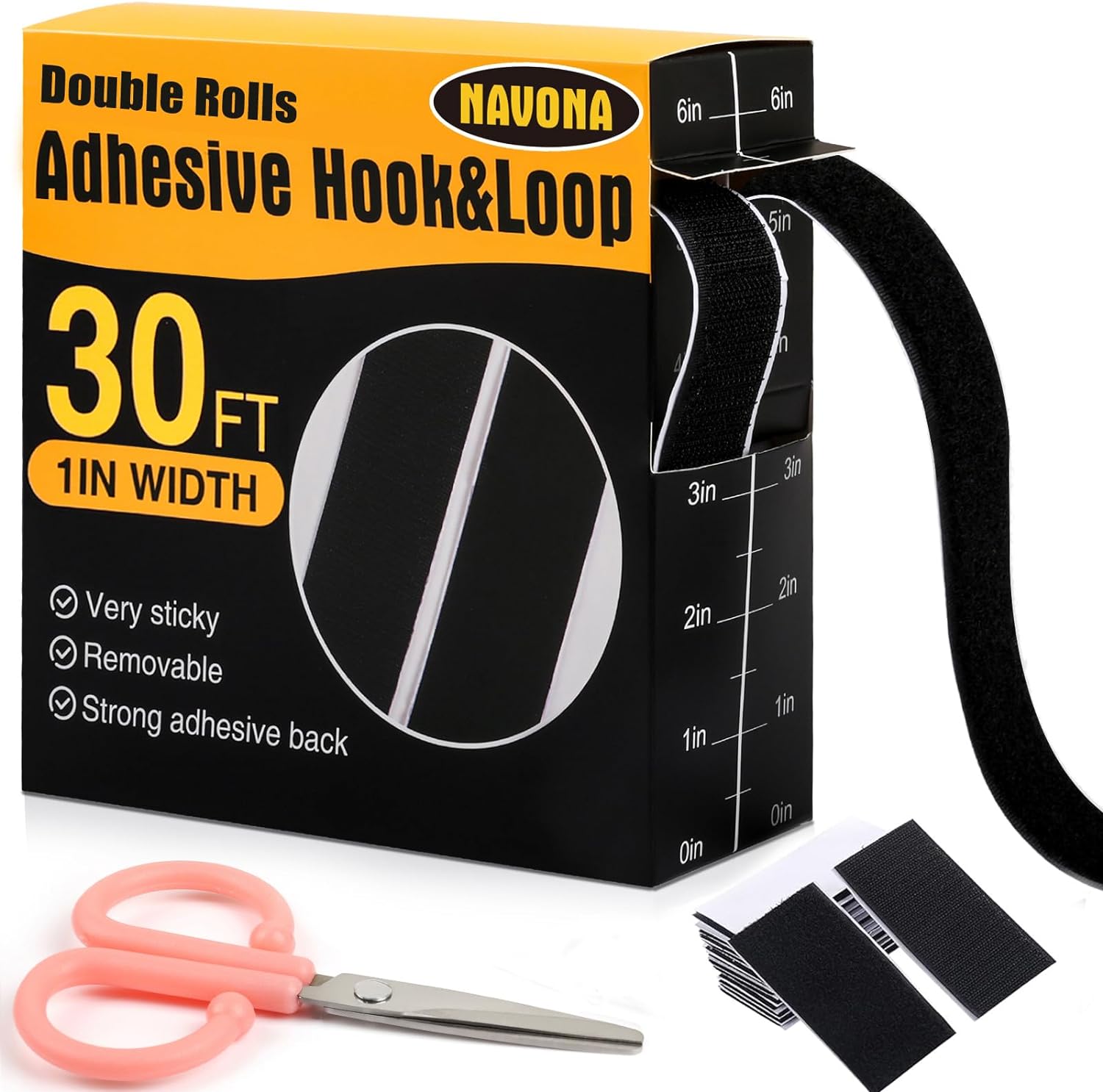 Hook and Loop Strips with Adhesive, Double Rolls of Heavy Duty Self Adhesive Tape with Backing, Nylon Self Adhesive Tape for Home Office School and Crafting,Black
