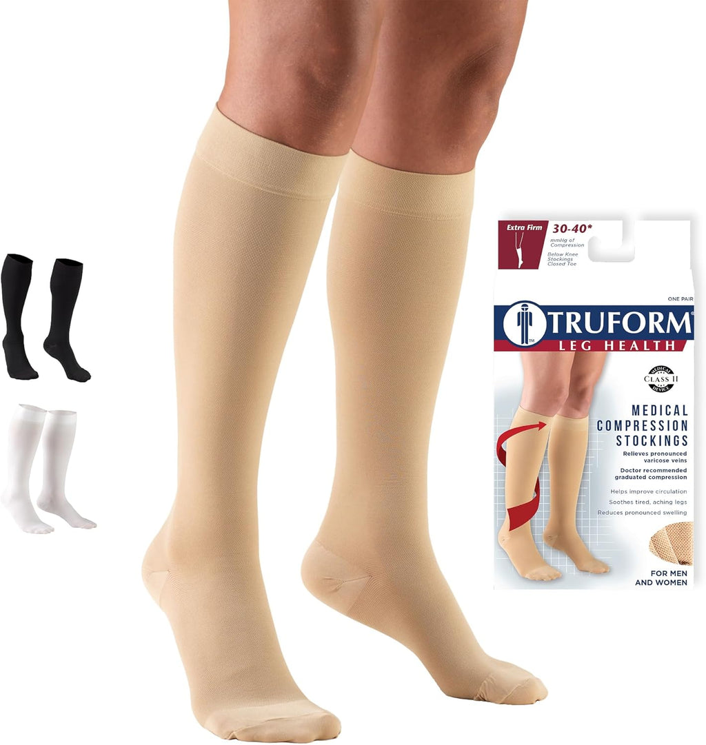 Truform 30-40 mmHg Compression Stockings for Men and Women, Knee High Length, Closed Toe, Beige, Small