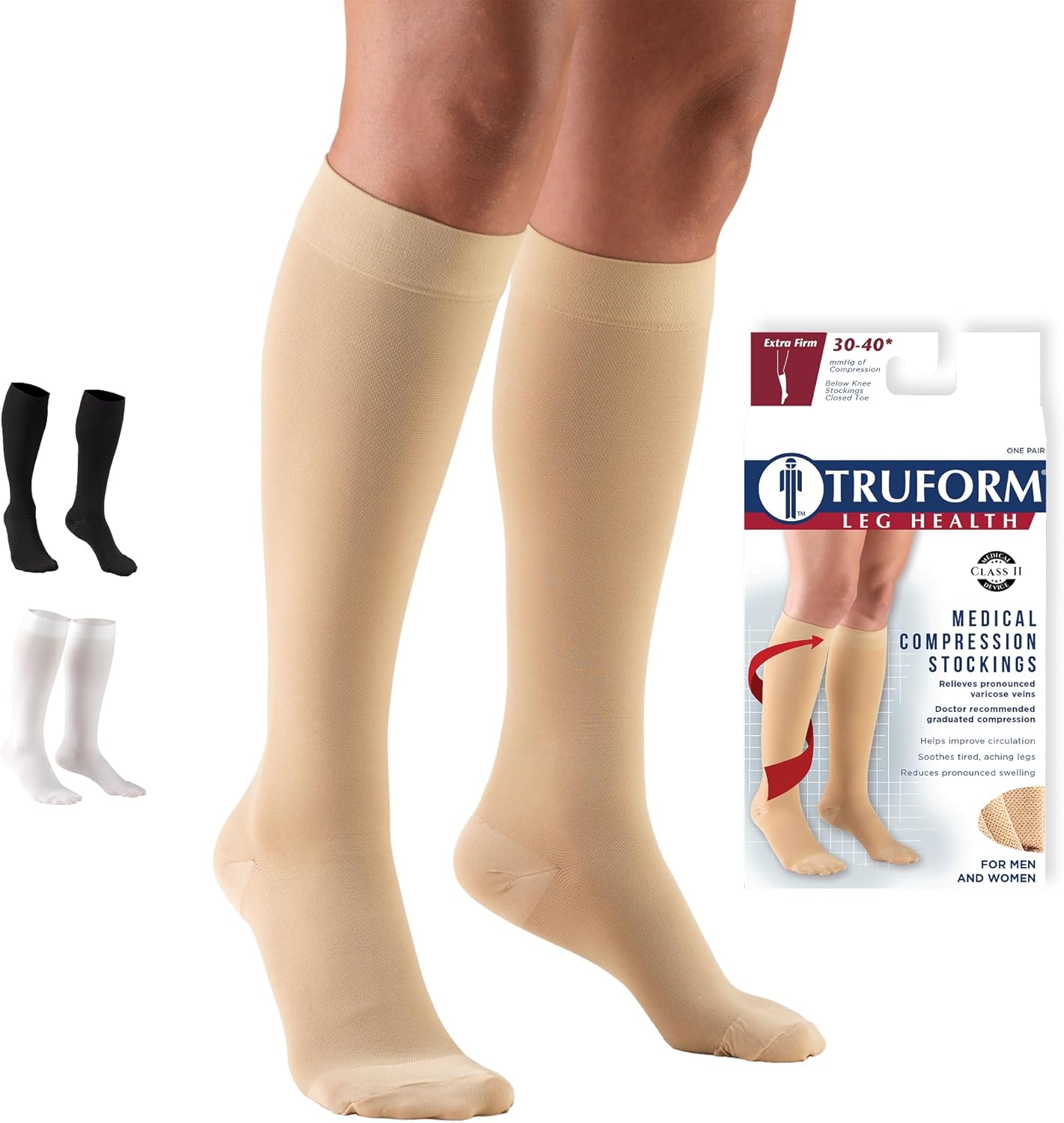 Truform 30-40 mmHg Compression Stockings for Men and Women, Knee High Length, Closed Toe, Beige, Small