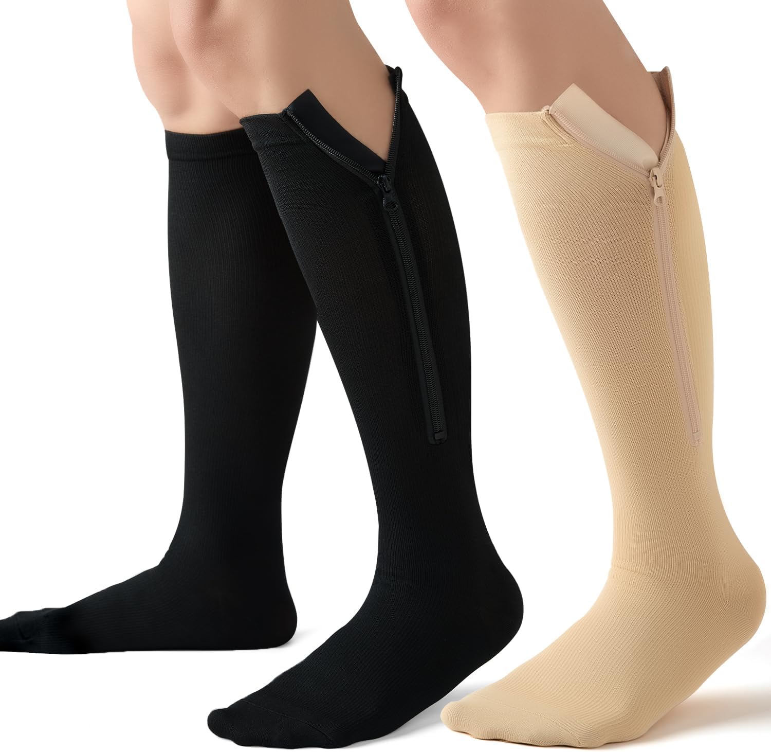 Owcorowan 2 Pairs Zipper Compression Socks, 15-20mmHg Closed Toe Knee High Compression Stockings for Women and Men, Support Socks for Running, Yoga