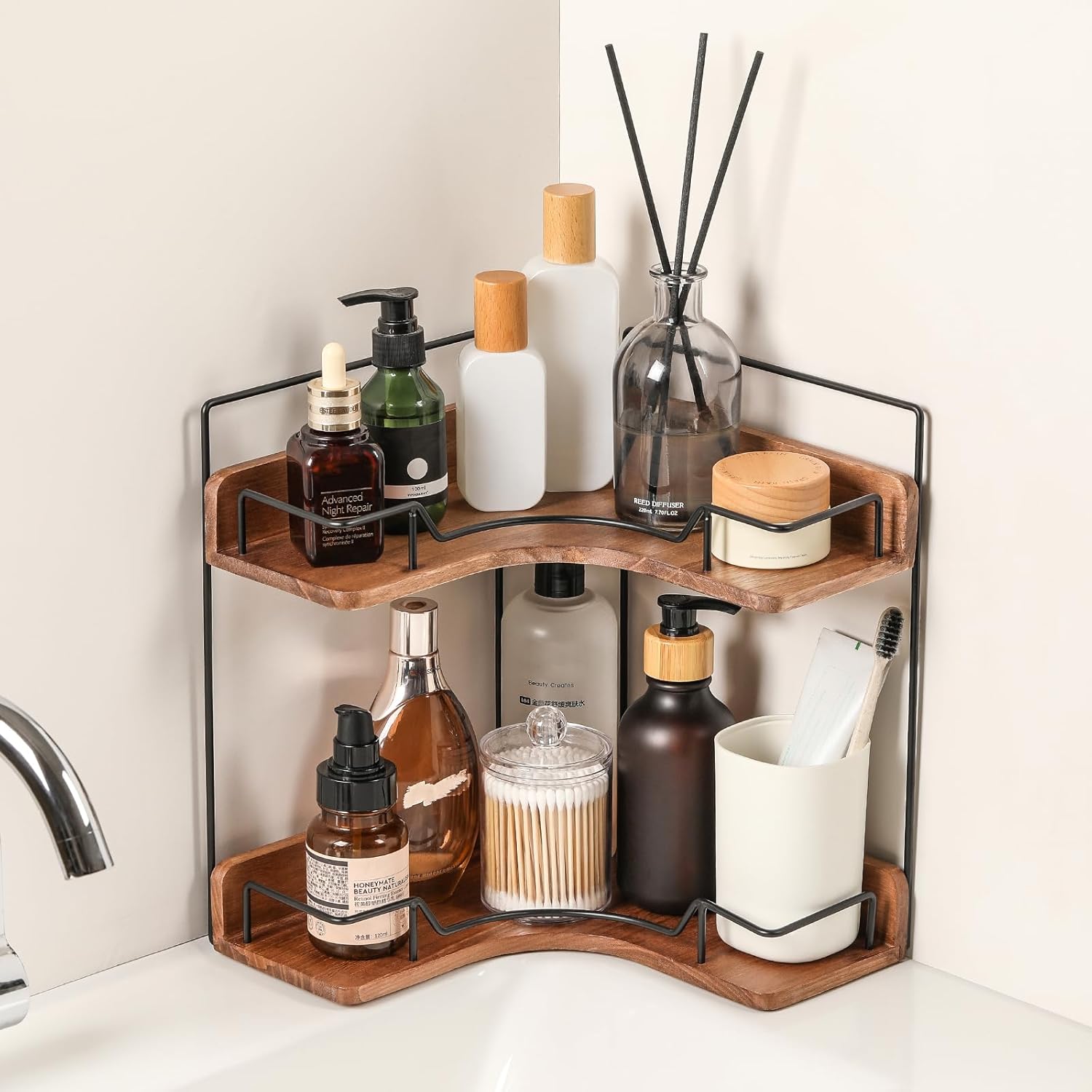 2-Tier Bathroom Counter Organizer, Wooden Corner Shelf.