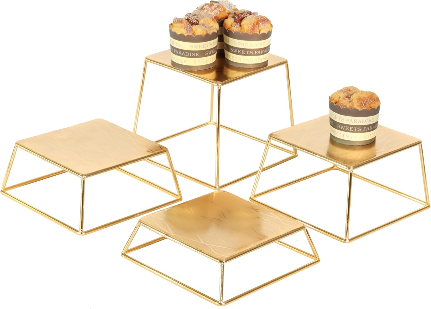 YFEEN Dessert Table Risers Display Stands Food display Gold Metal Square Retail Pizza,Cupcake,Candy Stands Food Platter Tray,6x6 INCH,Set of 4