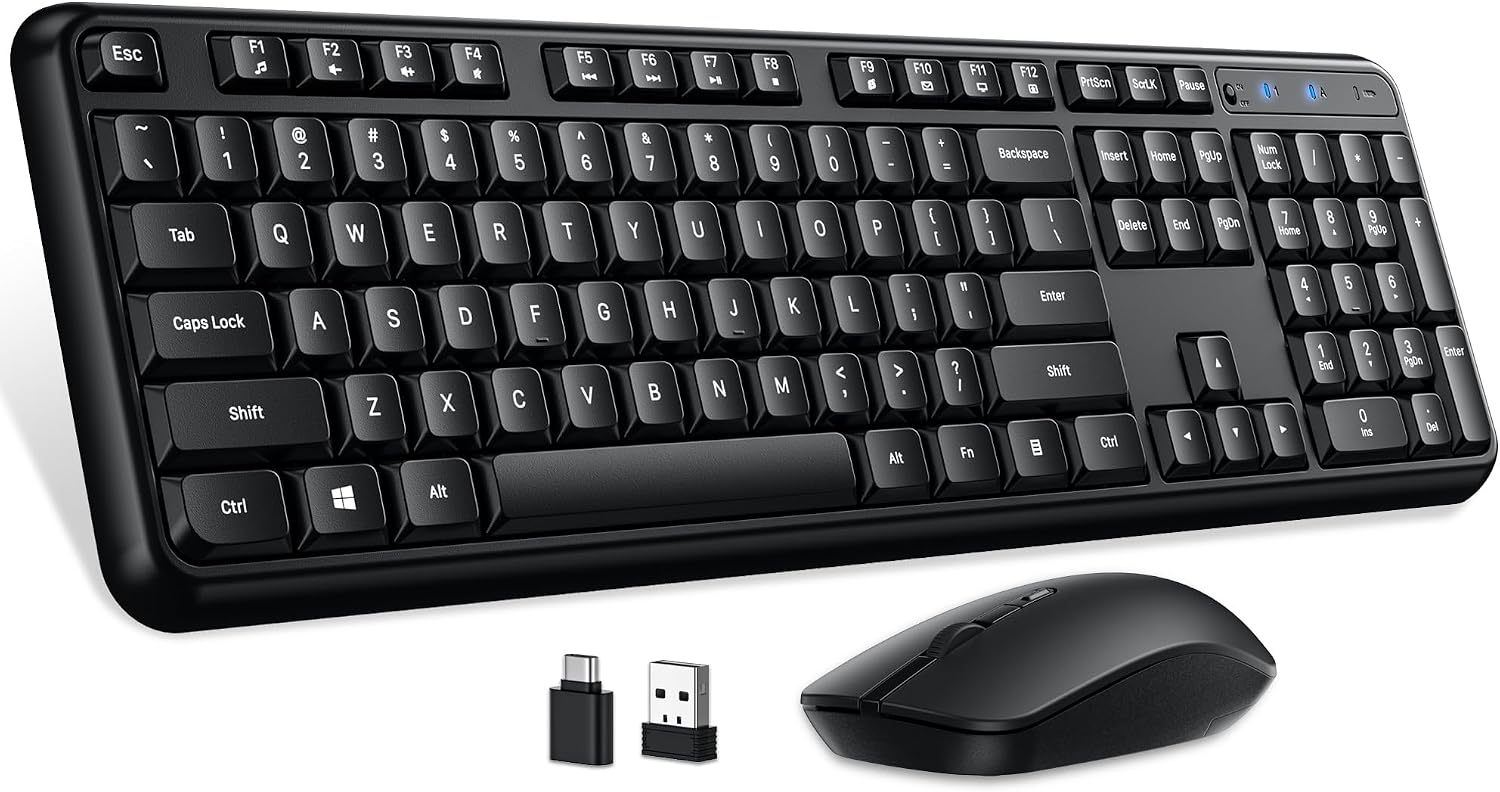 Hamile Wireless Keyboard and Mouse Combo, Full Size Silent Keyboard and Mouse, Adjustable 1600 DPI, 12 Multimedia Shortcuts, 2.4GHz Wireless Connection, Type-C Adapter for Computer Laptop Windows PC
