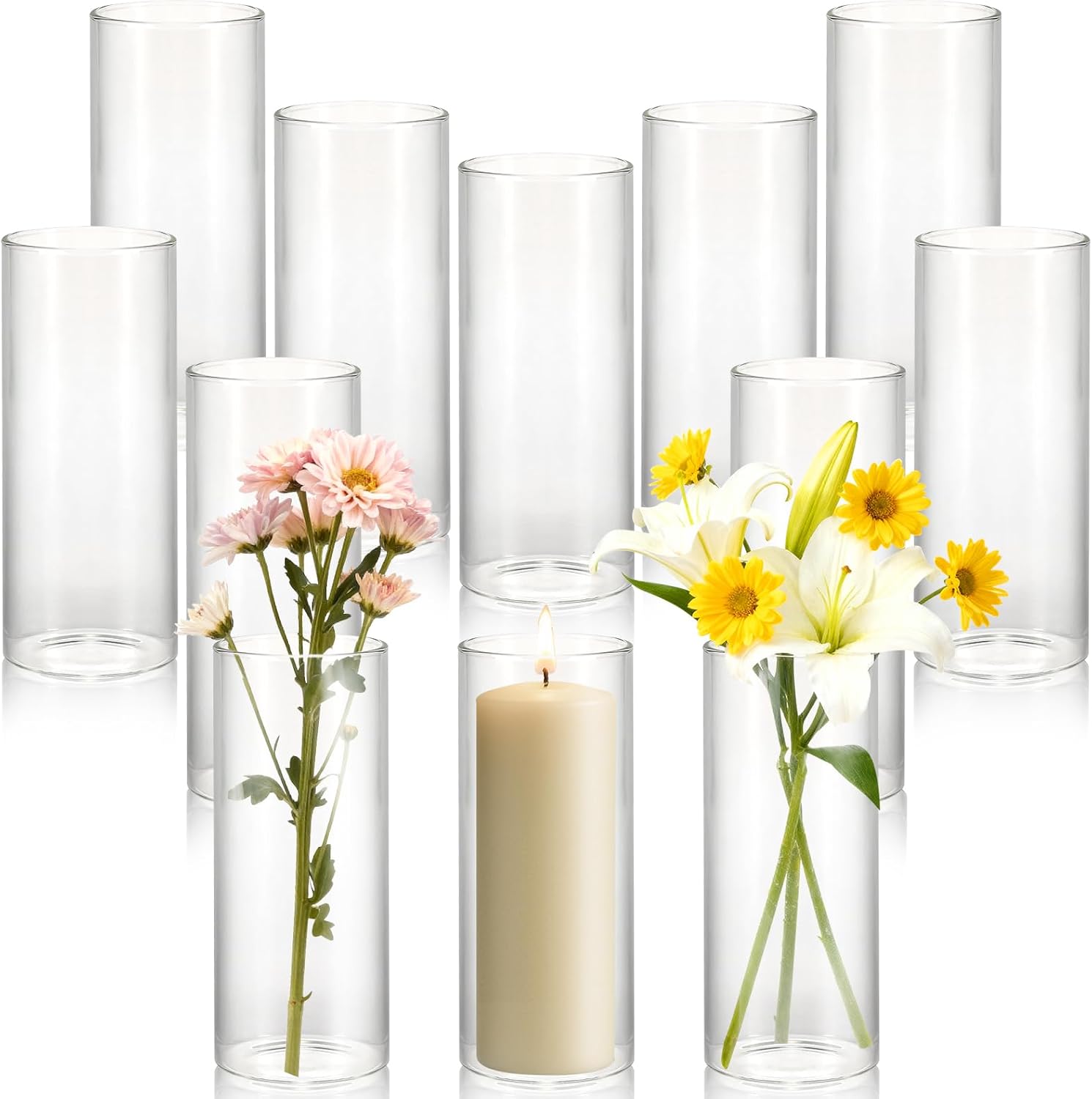 12 Pack Of Clear Cylinder Glass Vases.