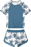 ADUKIDE Rash Guard Swimsuit for Girls Size 15-16T Short Sleeve Two Piece Palm Trees Bathing Suit Kids Swimming Suit with Pad