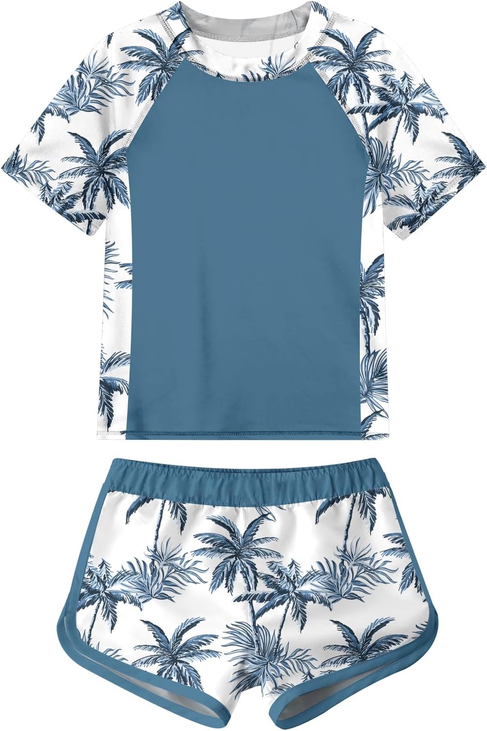 ADUKIDE Rash Guard Swimsuit for Girls Size 15-16T Short Sleeve Two Piece Palm Trees Bathing Suit Kids Swimming Suit with Pad