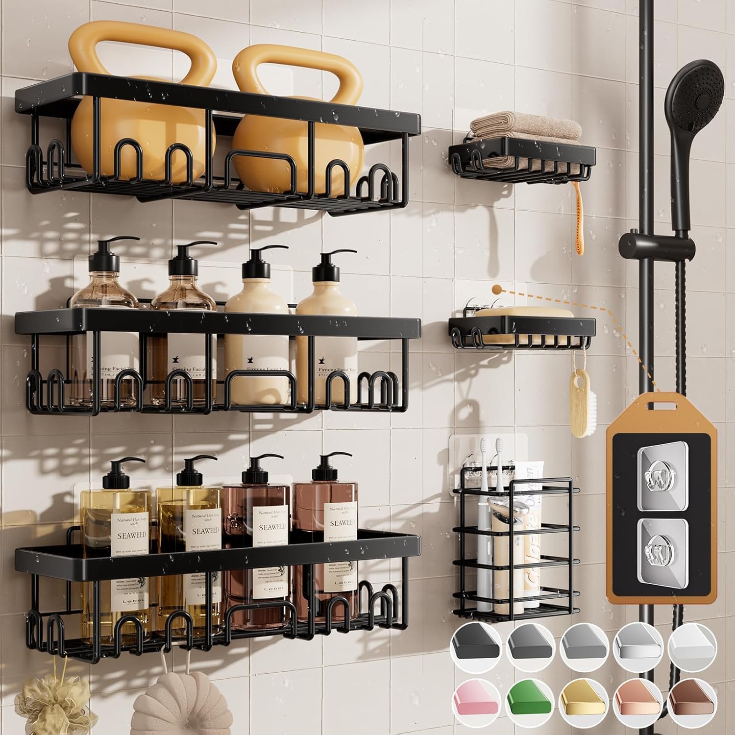 Veken Shower Caddy 6-Pack, Advanced Rustproof Design, No Drilling Adhesive Shelves, Rack with Soap Holder, Large Capacity Bathroom Organizers and Storage, Wall-Mounted Kitchen & Home Decor