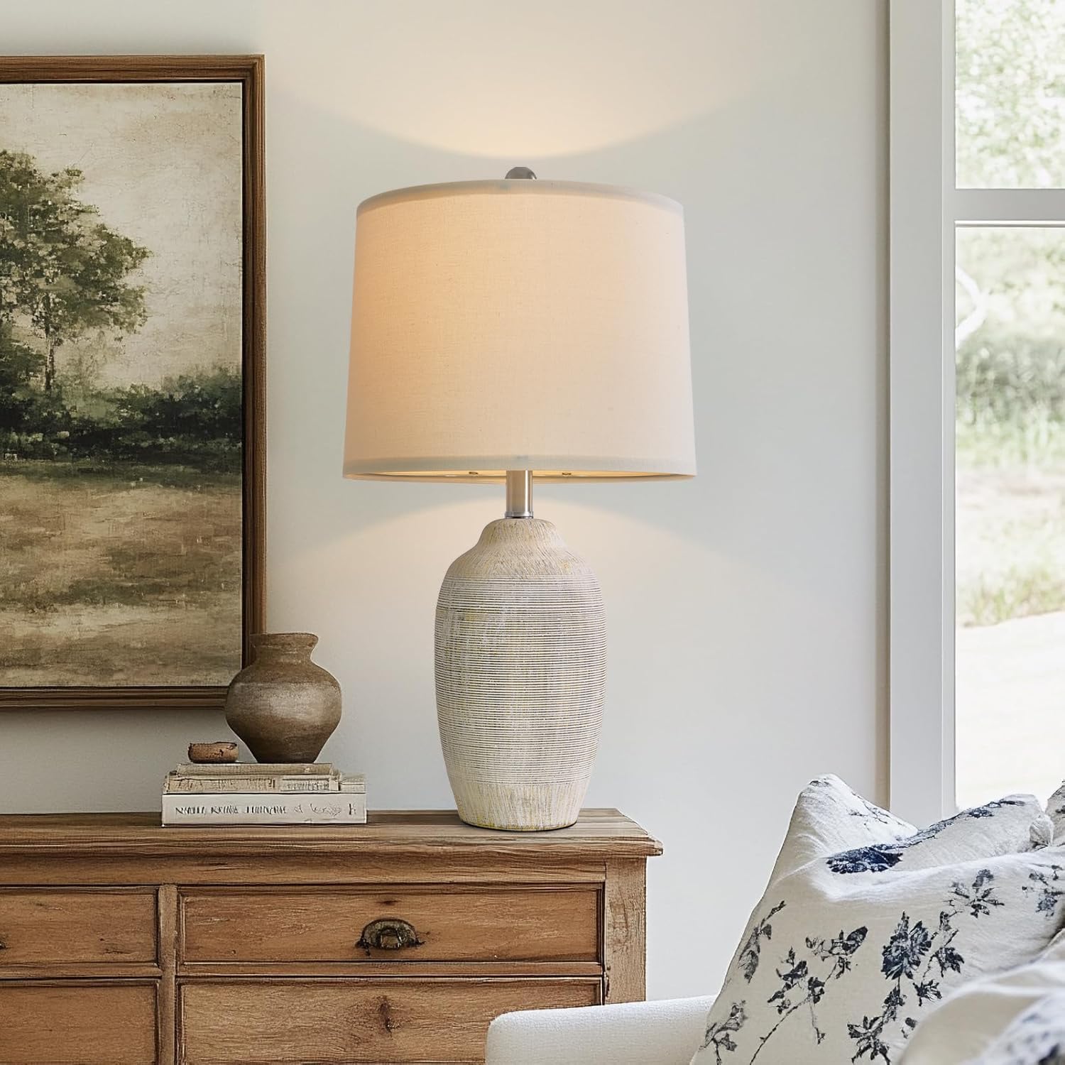 USumkky 24 inch Vintage Ceramic Table Lamp with 5FT Cord - Single Farmhouse Rustic Bedside Lamp